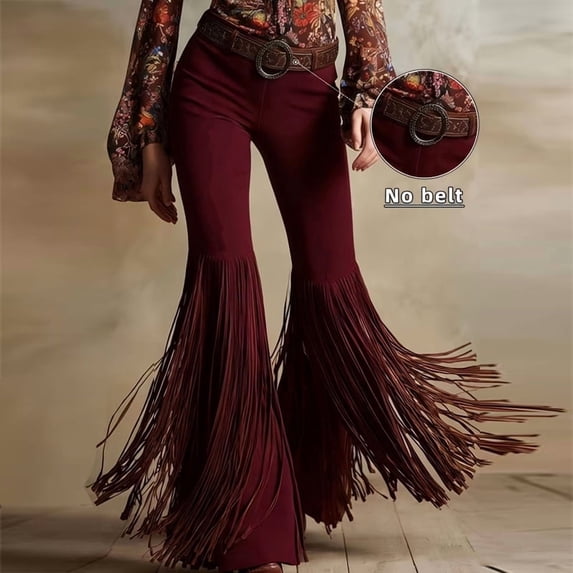 Women's Retro Western Solid Color Suede-Like Flare Pants Bohemian Fringe Detail Pants for Fall/Spring Vacation Wine Red,XXL