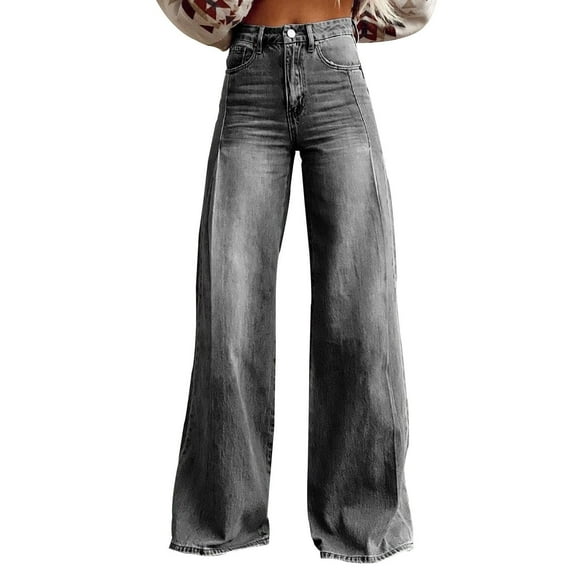 Women's Retro Wide Leg Jeans, High Waist Stretch Denim Pants with Vintage Design, Casual Loose Fit Jeans for Everyday Outfits,Gray M