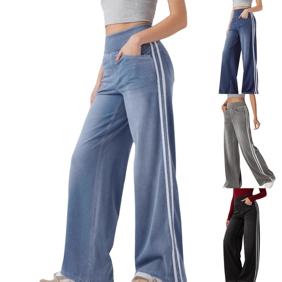 Women's Retro Wide Leg Jeans with Side Stripes Dark Blue Baggy Denim Pants
