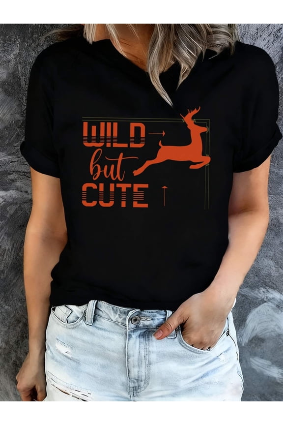 Women's Retro Wild But Cute Graphic T-Shirt Funny Deer Silhouette Short Sleeve Casual Summer Tee Top