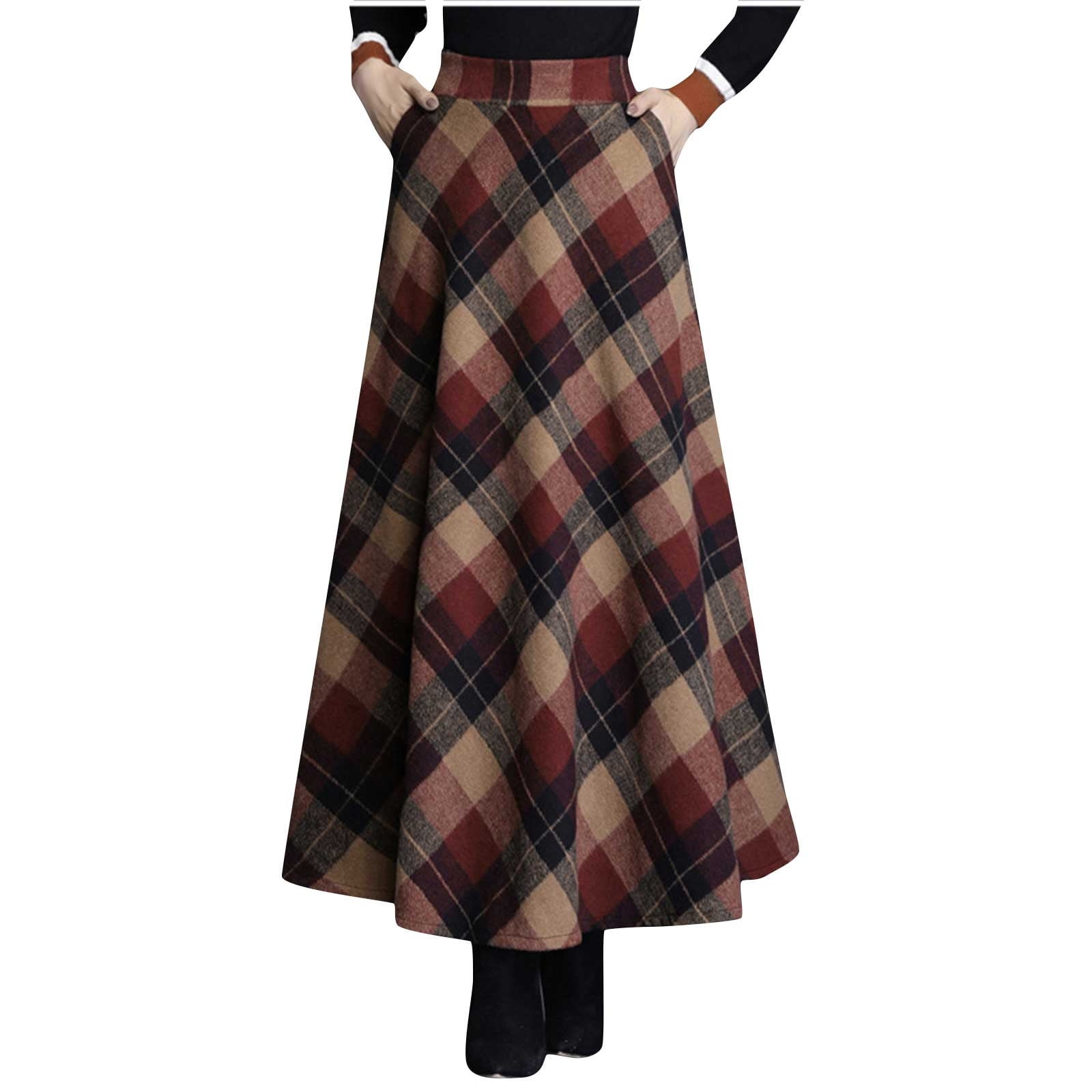 Women s Retro Woolen Plaid Skirt Ladies Fall Winter Warm Mid Length High Elastic Waisted a Line Pleated Elegant Long Skirts Blue L Walmart