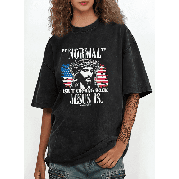 Women's Revelation 14 "Normal Isn't Coming Back Jesus Is" Themed Graphic Washed T Shirt Breathable Black S-2XL Plus Size
