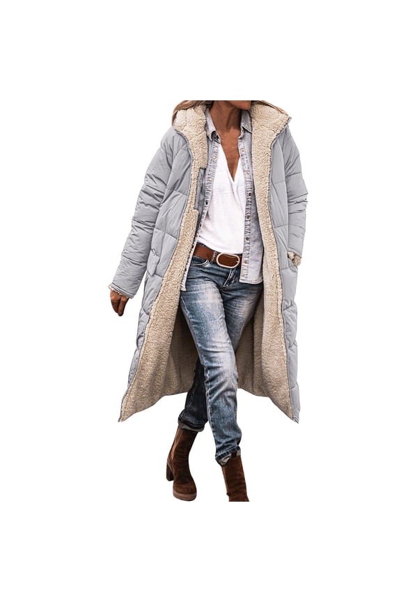 Women's Reversible Hooded Long Coat Fashion Casual Zip Up Jacket With Pockets Winter Outerwear