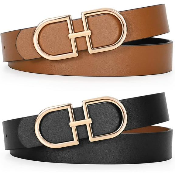 Women's Reversible Leather Belt for Jeans Dresses Fashion Leather Belt with Gold Buckle Width 1.1"