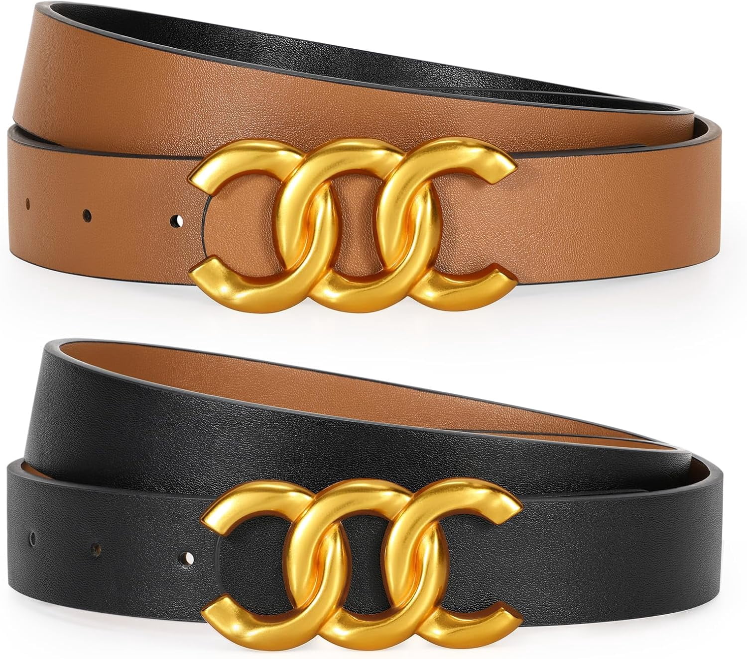 Reversible Faux Leather Belt for Women with Gold Buckle, Two-in-One Design Women main image 3