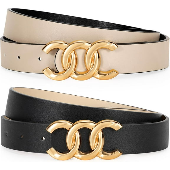 Women's Reversible Leather Belt with Gold Buckle Two-in-One Ladies Waist Work Belt for Jeans Pants Dresses