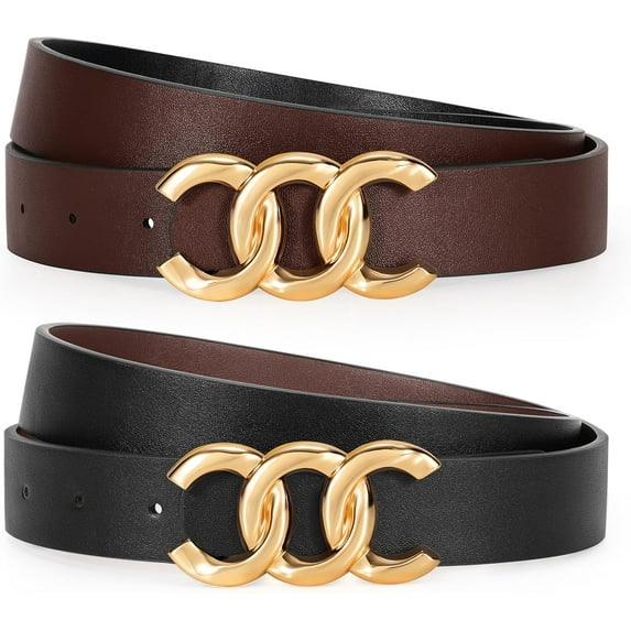 Women's Reversible Leather Belt with Gold Buckle Two-in-One Ladies Waist Work Belt for Jeans Pants Dresses