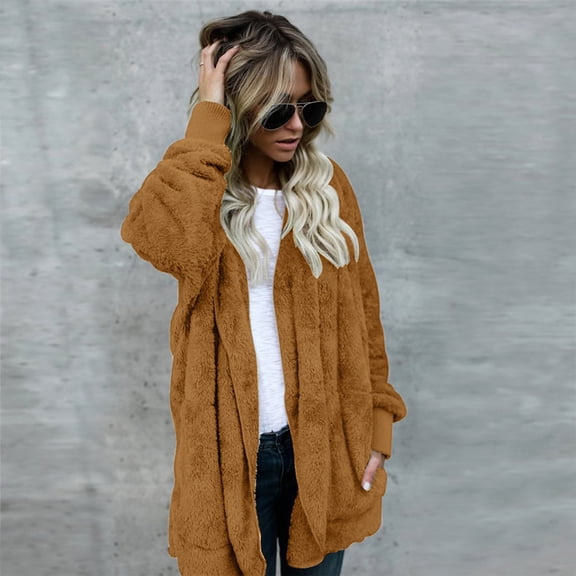 Women's Reversible Plush Cardigan Jacket, Mid-Length Double-Sided Coat, Loose Fit Warm Outerwear, Pocketed Winter Coat, Fall Winter Cardigan Brown L