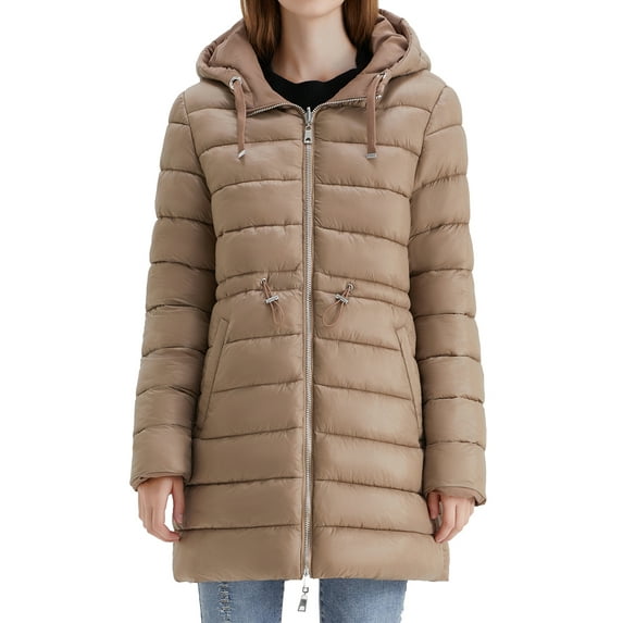 Women's Reversible Puffer Coat - Hooded Parka Coat Winter Warm Long Coat Quilted Puffer Coat with Pockets (Coffee, M)