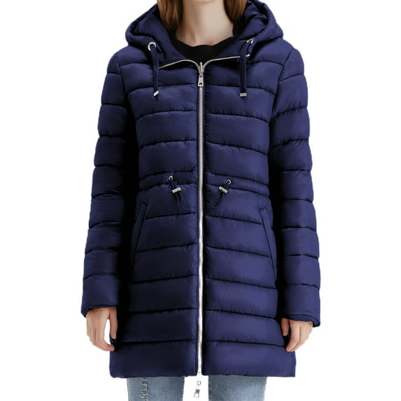 Women's Reversible Puffer Coat - Hooded Parka Coat Winter Warm Long Coat Quilted Puffer Coat with Pockets (Dark Blue, M)