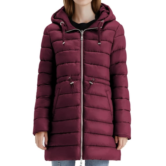 Women's Reversible Puffer Coat - Hooded Parka Coat Winter Warm Long Coat Quilted Puffer Coat with Pockets (Wine, XXL)