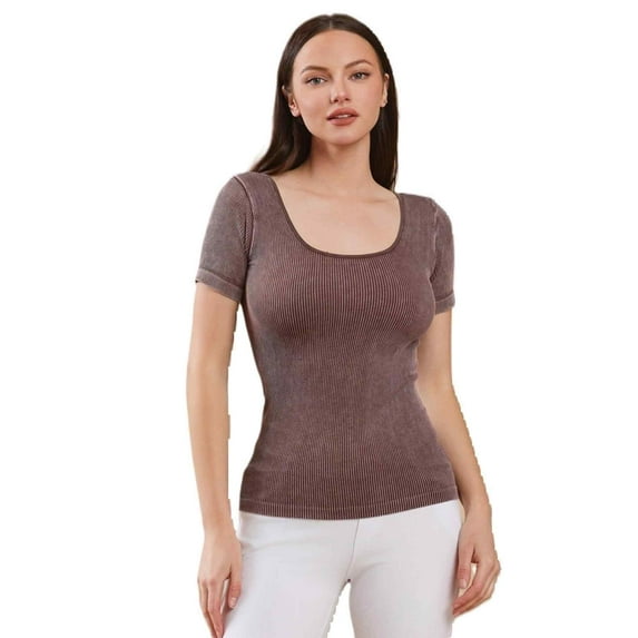 Women's Reversible Short Sleeve Stonewashed Ribbed Top, Brown, Plus Size, 1 Piece