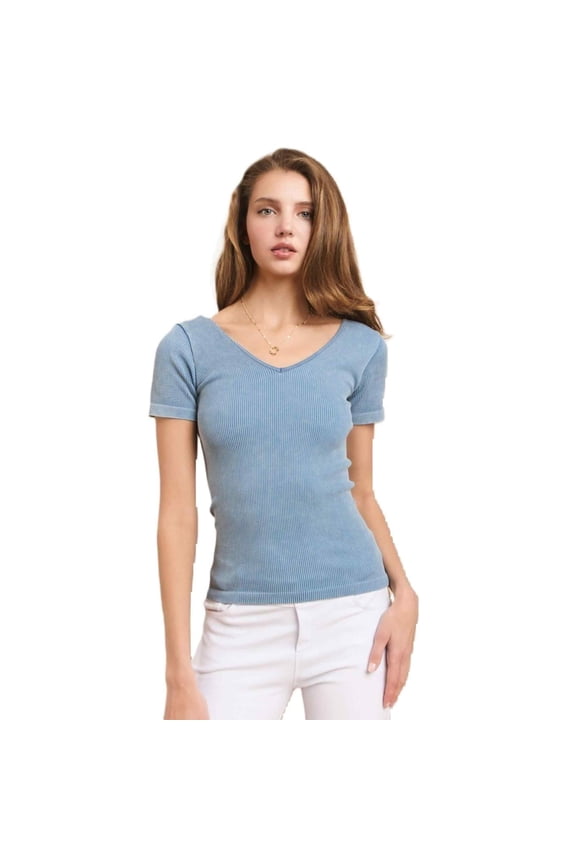 Women's Reversible Short Sleeve Stonewashed Ribbed Top, Denim, One Size, 1 Piece