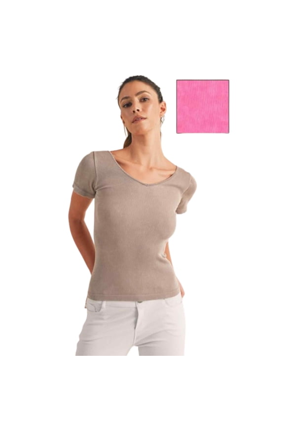 Women's Reversible Short Sleeve Stonewashed Ribbed Top, Fuchsia, One Size, 1 Piece