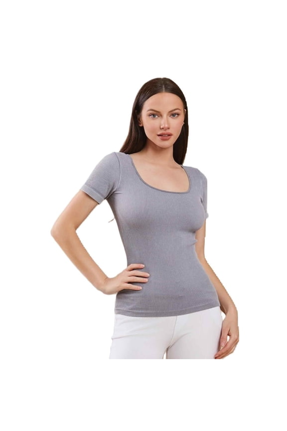 Women's Reversible Short Sleeve Stonewashed Ribbed Top, Grey, Plus Size, 1 Piece