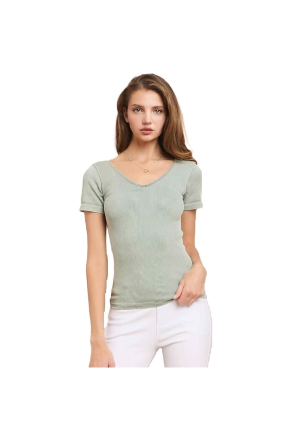 Women's Reversible Short Sleeve Stonewashed Ribbed Top, Smoky Olive, One Size, 1 Piece