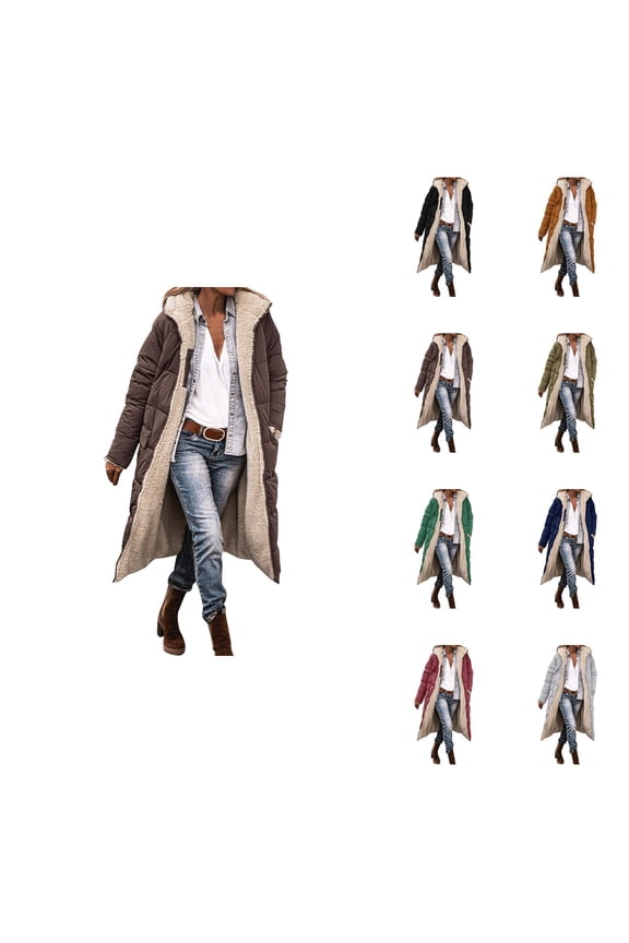 Women's Reversible Teddy Long Coat â Oversized Shearling Zip-Up Hooded Jacket with Pockets, 2025 Winter Casual Outerwear