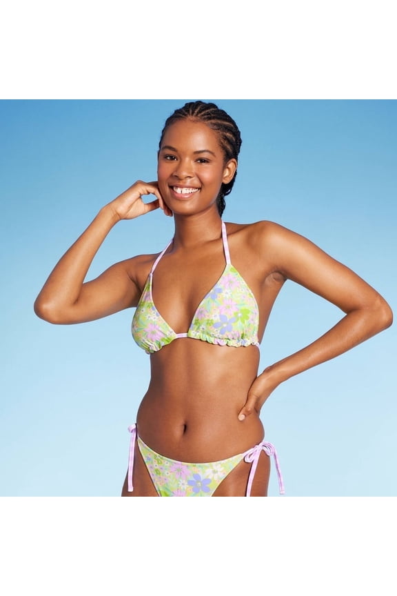 Wild Fable Women's Reversible Triangle Bikini Top Green Floral/Gingham S