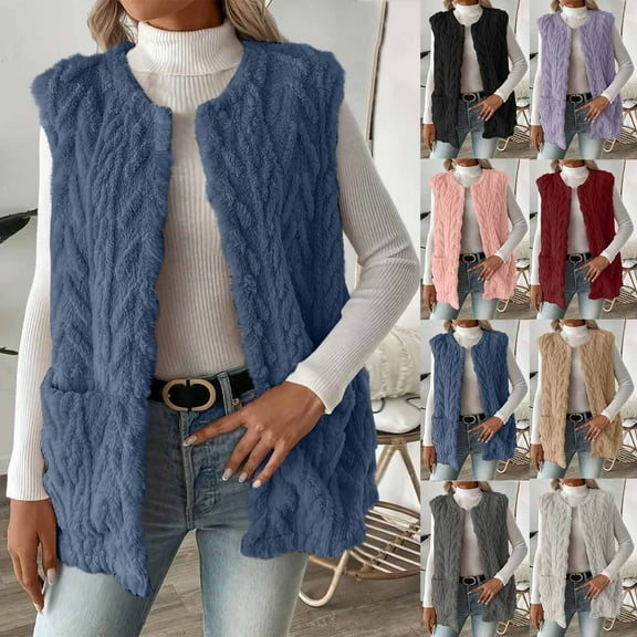 Women's Reversible Vests Crew Neck Sleeveless Cardigan Fleece Vest Women Winter Plus Velvet Warm Coat Outerwear with Pockets