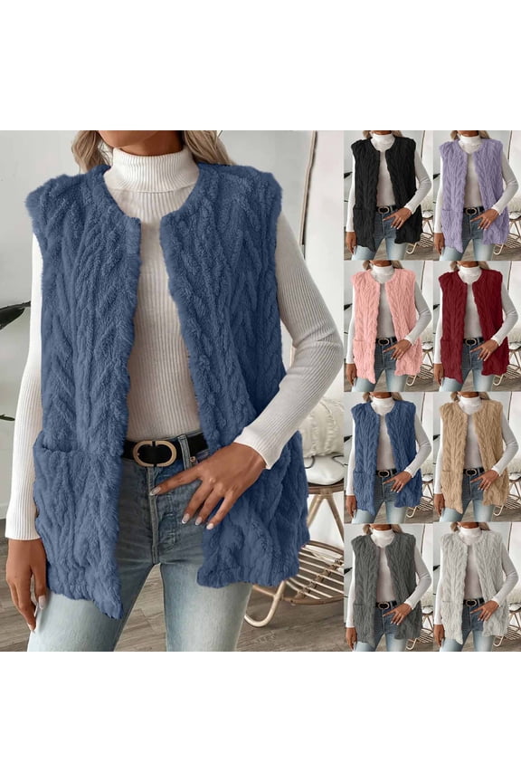 Women's Reversible Vests Crew Neck Sleeveless Cardigan Fleece Vest Women Winter Plus Velvet Warm Coat Outerwear with Pockets