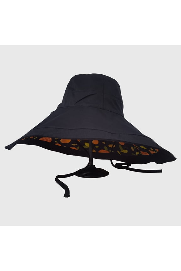 Women's Reversible Wide - Brim Sun Hat with Fruit Pattern Lining- Black