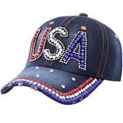 Women's Rhinestone American Flag Hat, Sparkle Denim Baseball Cap with Adjustable Fit, Blue for Four Seasons Wear