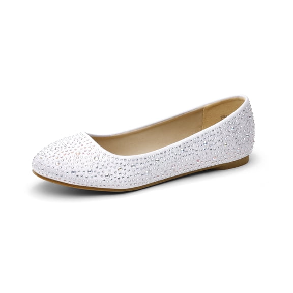 Women's Rhinestone Ballet Flats Shoes Low Heels Round Toe Ballerina Dress Shoes WHITE Size 8.5