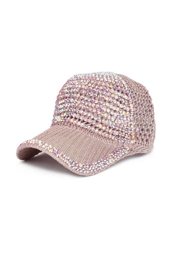 Women's Rhinestone Baseball Cap with Ponytail Hole, Adjustable Crystal Embellished Mesh Hat, Breathable Sparkling Sun Hat for Outdoor Sports and Casual Fashion