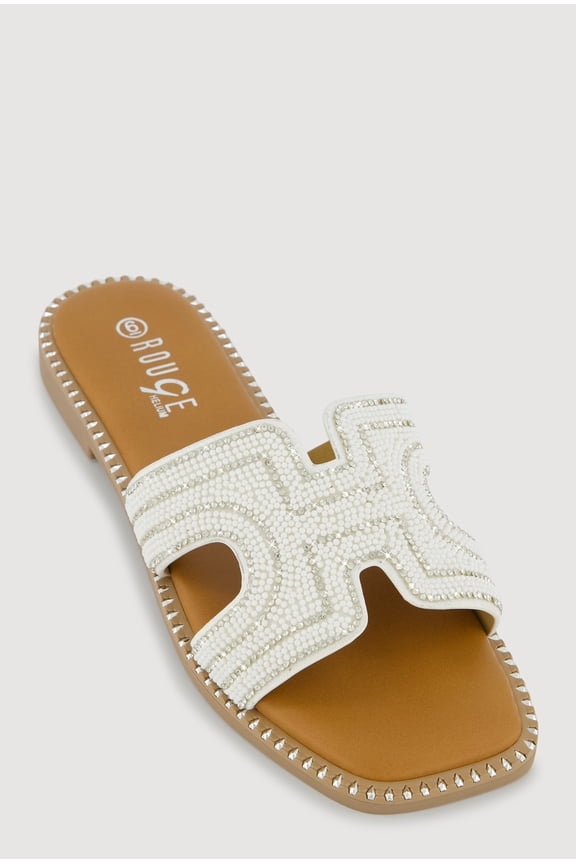 Women's Rhinestone Beaded H Band Slide Sandals with Studded Trim