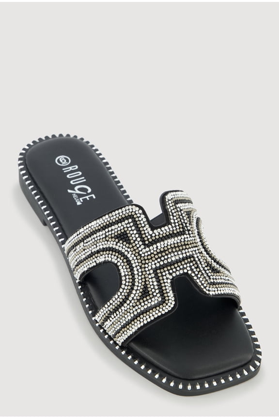 Women's Rhinestone Beaded H Band Slide Sandals with Studded Trim