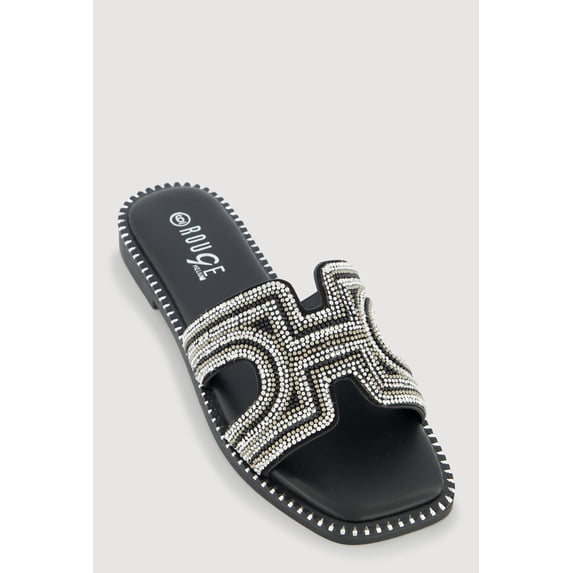 Women's Rhinestone Beaded H Band Slide Sandals with Studded Trim