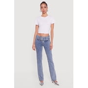 Womens Rhinestone Belted Front Boot Cut Jeans
