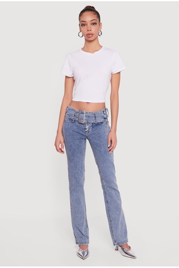 Women's Rhinestone Belted Front Boot Cut Jeans