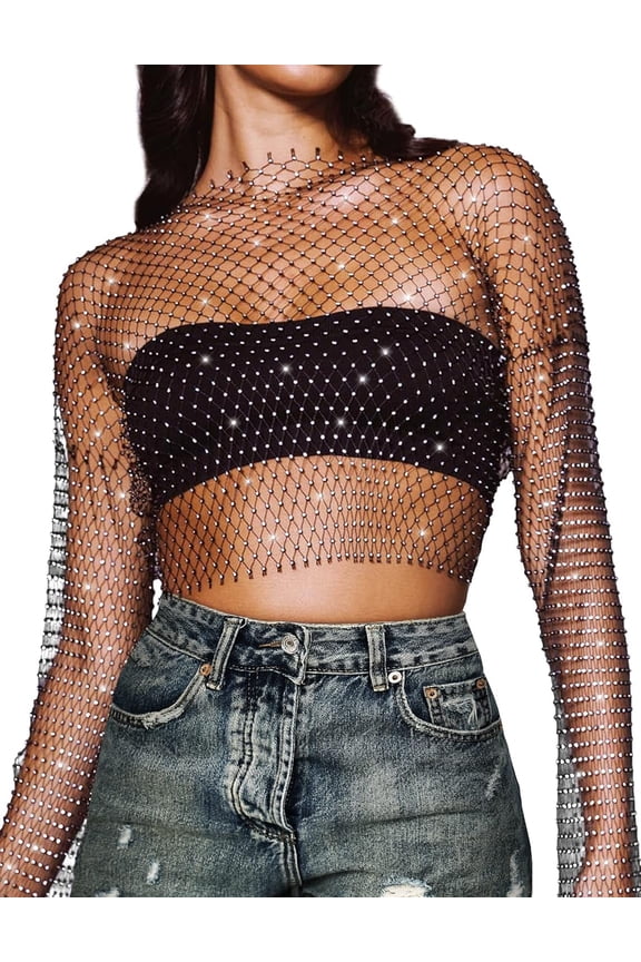 Women's Rhinestone Body Chains Long Sleeve Crop Tops Crystal See Through Mesh Diamond Fishnet Shirts Outfits