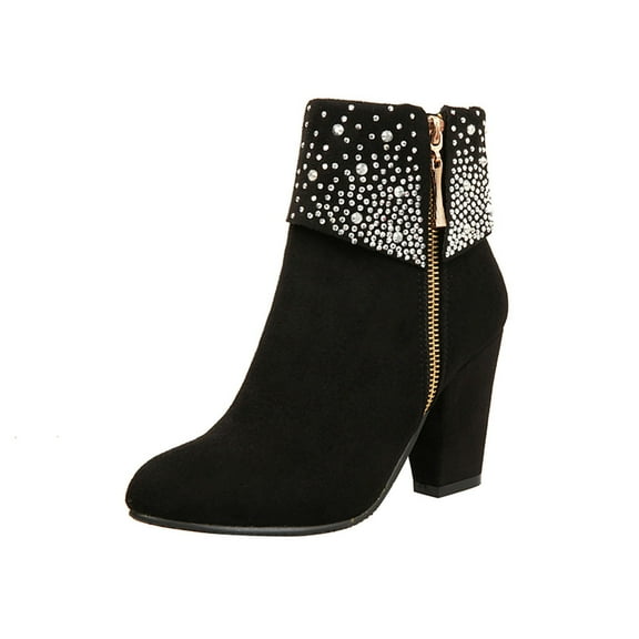 Women's Rhinestone Booties Shinny Ankle Mid Heel Chunky Wedding Boots - Ladies Crystal Boots