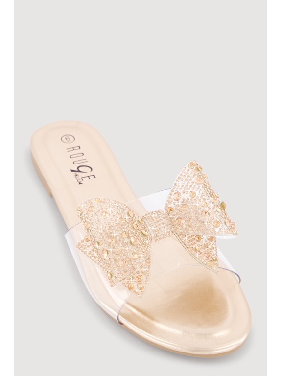 Women's Rhinestone Bow Clear Band Slide Sandals