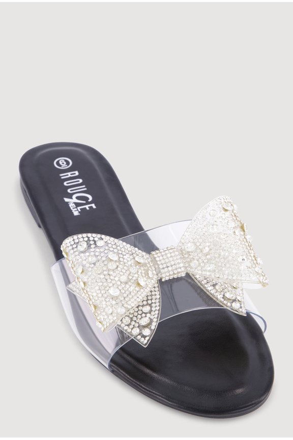 Women's Rhinestone Bow Clear Band Slide Sandals