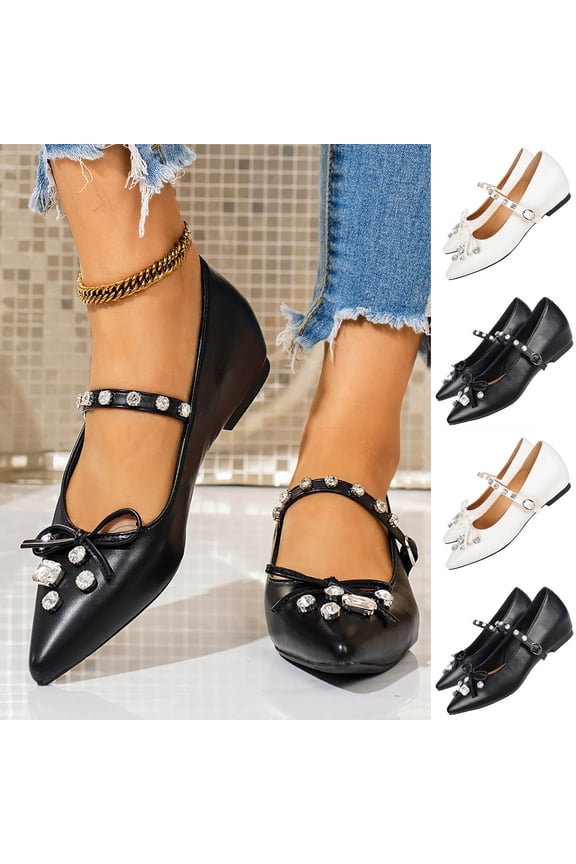 Women's Rhinestone Bow Hidden Wedge Flats, Casual Wide Width Pointed Toe Soft Sole Moccasins with Adjustable Strap, Comfortable Walking Shoes for Women, Perfect for Daily Outings and Casual Wear