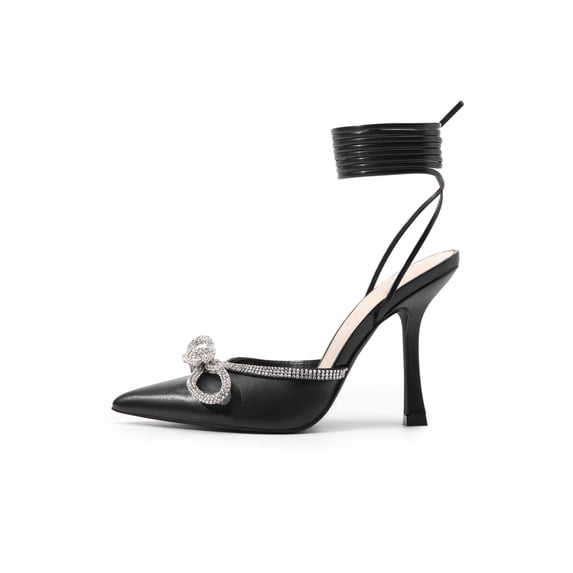 Women's Rhinestone Bow Lace-Up Stiletto Heels Pointed Toe Dress Sandals