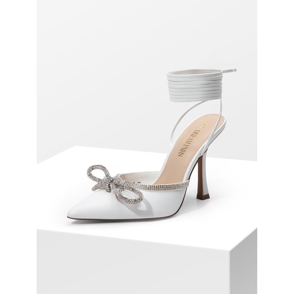 Women's Rhinestone Bow Lace-Up Stiletto Heels Pointed Toe Dress Sandals