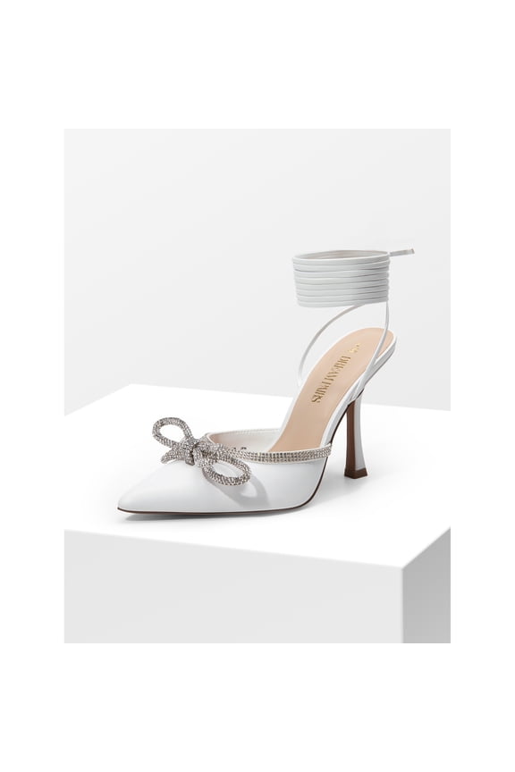 Women's Rhinestone Bow Lace-Up Stiletto Heels Pointed Toe Dress Sandals