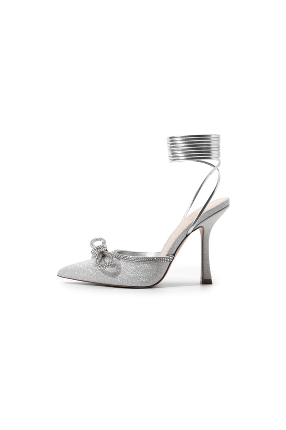 Women's Rhinestone Bow Lace-Up Stiletto Heels Pointed Toe Dress Sandals