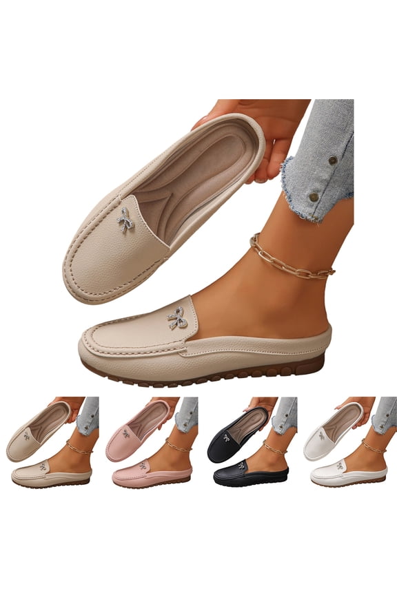 Women's Rhinestone Bow Mules Comfortable Round Toe Backless Slip-On Moccasins Lightweight Everyday Office Walking Slippers. 36