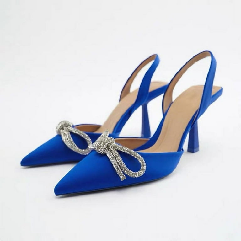 Women s Rhinestone Bow Sling Back Pointed Toe Mid Kitten Heel Pumps Shoes for Work and Party Walmart