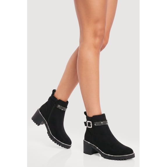 Women's Rhinestone Buckle Detail Mid Heel Booties