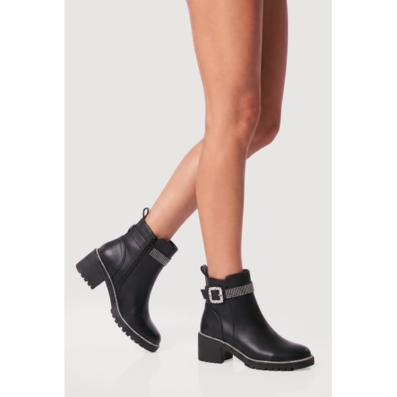 Women's Rhinestone Buckle Detail Mid Heel Booties