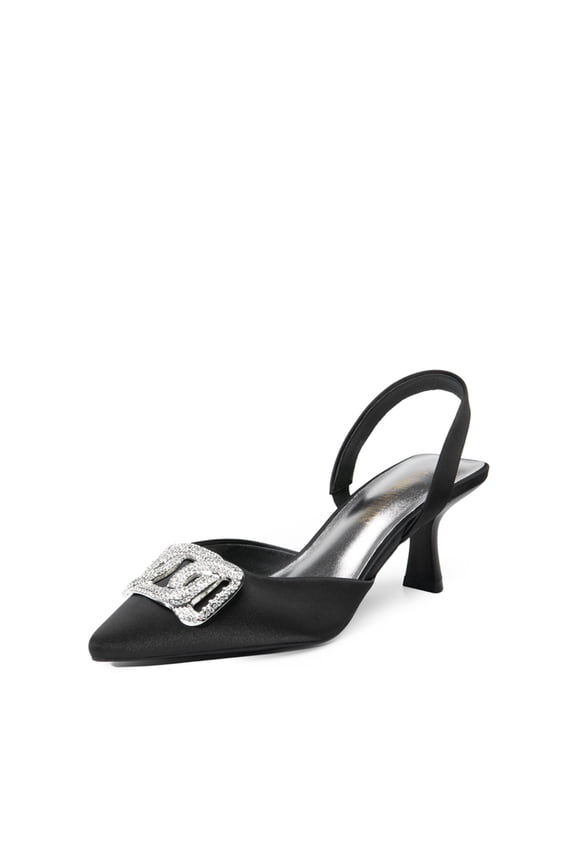 Women’s Rhinestone Buckle Pointed Toe Kitten Heels Satin Heeled Mules