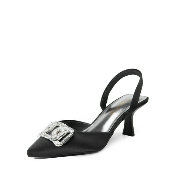 Women’s Rhinestone Buckle Pointed Toe Kitten Heels Satin Heeled Mules