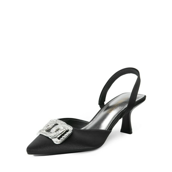 Women’s Rhinestone Buckle Pointed Toe Kitten Heels Satin Heeled Mules