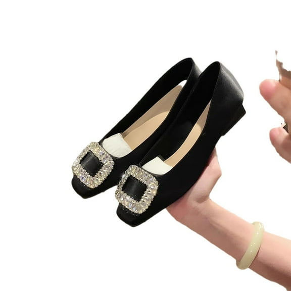Women's Rhinestone Buckle Square Toe Flats, Elegant Slip-on Dress Shoes, Comfortable Walking Loafers for Spring, Summer & Fall